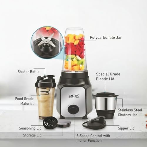 Image of BALTRA Amigo Max Nutri Mixer & Smoothie Maker | 450W Powerful Motor | 3 Jars & Blender Jar | Multi-Speed Mixer Grinder | Fruit Juicer, Smoothie & Chutney Maker | BNM-103