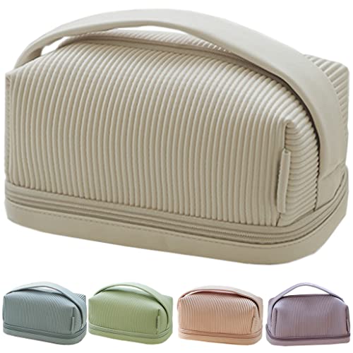 Mantuono Cream Makeup Bag,Travel Makeup Bag with brush organizer,PU Leather Waterproof Cosmetic Bag,Double Layer Portable Toiletry Bag (beige)