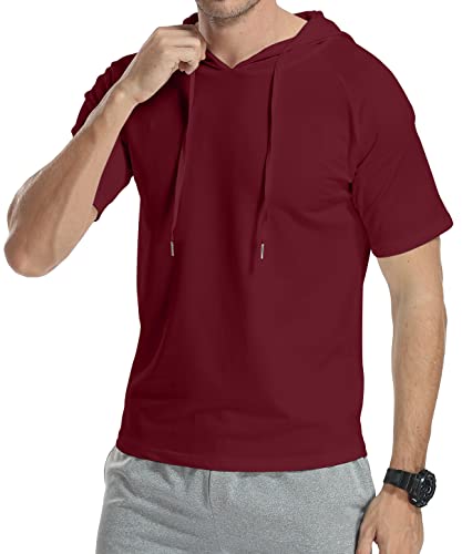 Kuyigo Men's Casual Hooded T-Shirts Fashion Short Sleeve Solid Color Pullover Top Medium Wine Red #TOP3