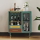 MROJISC Weinschrank Grün, Barschrank mit Weinglasregalen und 2 Schubladen, Modernes Bar Schrank Holzbuffet Sideboards für Wohnzimmer, Küche, Esszimmer
