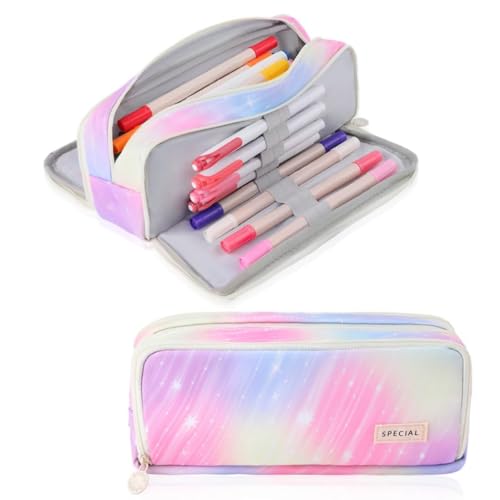 Image of Canvas School Bag Pencil Case, 3 Layer 6 Compartment Large Capacity, Aesthetic Pencil Pouch for Stationary, Cute Stationery for Kids, Pencil Case for Girls & Boys (Rainbow Pink)