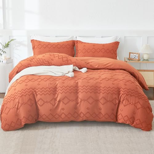 Image of EMME Boho Duvet Cover Twin Size Pumpkin - 2 Pieces Soft & Breathable Tufted Boho Shabby Chic Embroidery Bedding Set for All Seasons, 1 Duvet Cover with 1 Pillow Shams & Zipper Closure (Pumpkin, Twin)