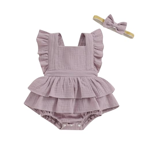 Image of MERSARIPHY Newborn Baby Girl Summer Outfit Linen Ruffle Bubble Romper Dress One Piece Bodysuit Jumpsuit Infant Summer Clothes