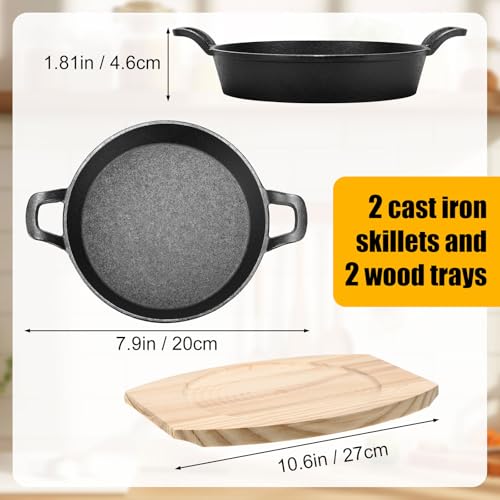 FoldTier 2 Set Mini Cast Iron Skillet Small Cast Iron Plates Skillet with Wooden Base Small Round Pan Heavy Duty Fajita Plate Pot for Baking Cooking for Kitchen Restaurant Barbecue(7.9 Inches) by FoldTier - Image 2
