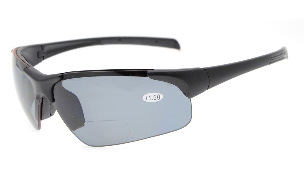 Eyekepper TR90 Unzerbrechliche Sport-halb-randlose Bifokale Sonnenbrille Baseball-Laufangeln Fischen-Fahren Golf Softball-Wandern Mattschwarzes Feld-graues Objektiv +1.0