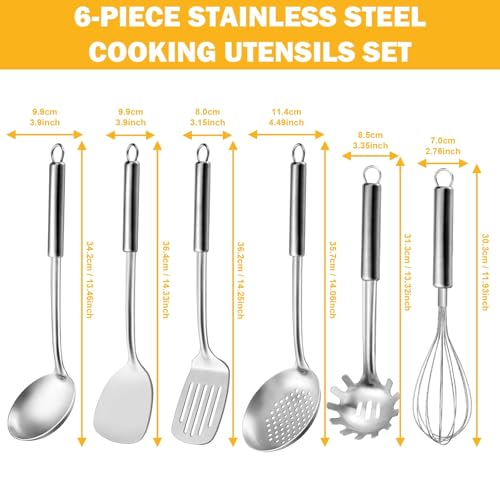 Ustensiles de Cuisine, Gymdin 6 Pièces Ustensiles de Cuisine inox avec manche suspendu, spatule, tourneuse, louche à soupe, cuillère à fente, fouet, serveur de pâtes, lavable au lave-vaisselle – Image 3