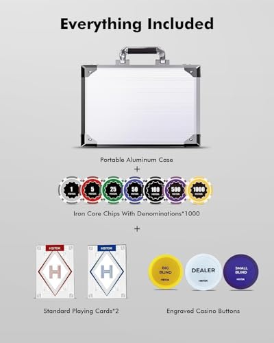 Image of 1000 Piece Numbered Poker Chip Set 11.5g Heavyweight Iron Core Chips with Aluminum Case Playing Cards Dealer Buttons for Texas Holdem Blackjack Casino Gaming | Iron core chips, 2 decks, 5 dice, dealer, small /big blind buttons. Blackjack, casino game nights, home parties, mancave.