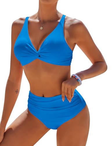 AI'MAGE Bikini Damen Set Sexy Bauchweg Push Up Badeanzug Swimsuit Summer Bademode Blau M