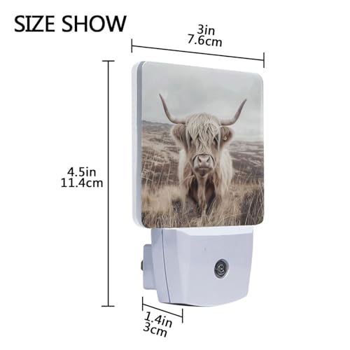 Image of Highland Cattle Cow Mountain Night Lights 2 Pack Plug-in Wall Led Nightlight Auto Dusk-to-Dawn Sensor Lamps for Bedroom Kitchen Bathroom