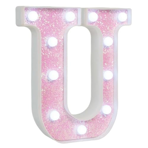 Image of Pink Glitter Marquee Light Up Letters, Battery Operated LED Letter Lights Signs for Pink Birthday Party Table Decorations, Wall Decor for Girls Bedroom, Initial Letter U with Cool White Lights
