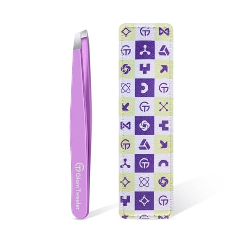 Expert Slant Tip Tweezers with Leather Case, GlamTweeler Sharp & Precision Stainless Steel Tweezer for Eyebrows, Facial Hair and Fine Hairs Removal (Violet)