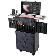 Professional Rolling Makeup Case for Hairstylists - Large Retro Train Case Trolley with Combination Lock & Metal Wheels,Mobile Storage Organizer for Barber,Cosmetology Tools&Cosmetics Blue