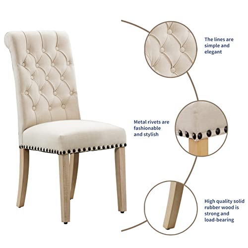 Restworld Fabric Dining Chairs Set Of 2 With Button & Nailhead Decoration, Upholstered Dining Chairs For Bedroom & Dining Room，Modern Parson Chair，Rubber Solid Wood Legs，Beige #TOP4