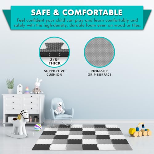 Image of ProSource Baby Play Mat, Soft Foam Floor Tiles for Kids, Interlocking EVA Panels for Playpen Use, Crawling Development Surface, Safe Non-Toxic Toddler Flooring, 72 Tiles, Black /Gray /White