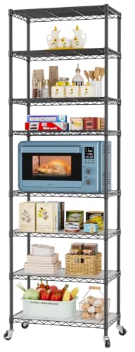 SINGAYE 8 Shelves Storage Wire Shelf Closet Metal Shelving Pantry Wheels | Shelf Bathroom Organizers Metal Kitchen Garage Shelving Unit Laundry Room Organization Home Rack Net Basket with Wheels