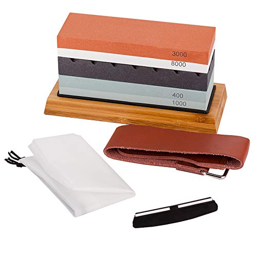 Knife Sharpening Stone Set, Whetstone Sharpening Kit Sharpener Stone Set with Dual Sided 400/1000 and 3000/8000 Whetstones, Non-slip Bamboo Base, Flatting Stone, Angle Guide and Leather Strop
