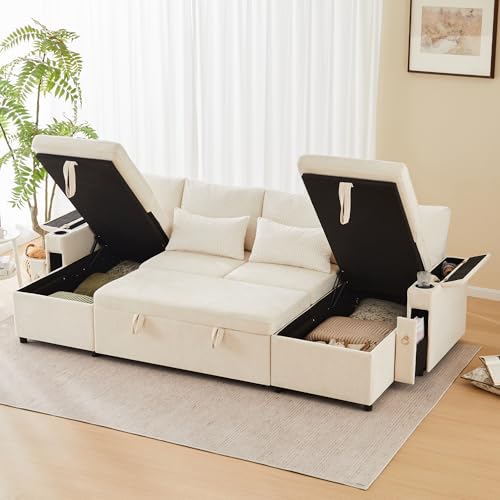 MODENVIE Sofá modular Sofá cama con función de dormir,Chaise longue con soporte para bebidas y almohadas,Sofá esquinero en forma de U con compartimentos de almacenamiento cubiertos,Beige