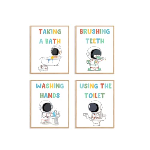 Image of Boat Wades Space Astronaut Kids Bathroom Unframed Wall Art Prints,Astronaut Boys Room Decor Posters & Prints For Living Room Home Dorm Decor,Boys Bathroom Posters Pictures 8x10 Set Of 4