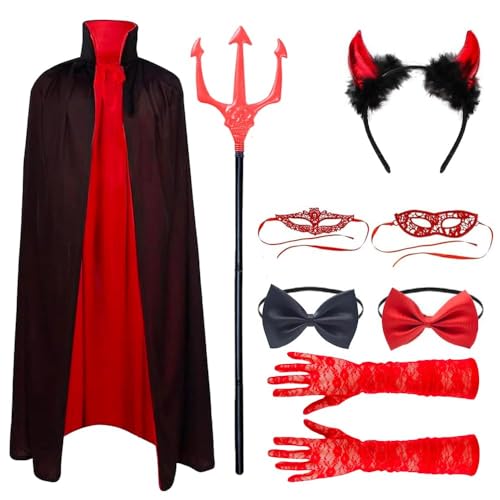 Suaflny Deguisement Diable Femme 8 Pièces Costume de Diable pour Femme, Costume d'Halloween pour Femme, Cornes de Diable, Costume Halloween Femme Demon, Cape de Diable avec Trident de Diable