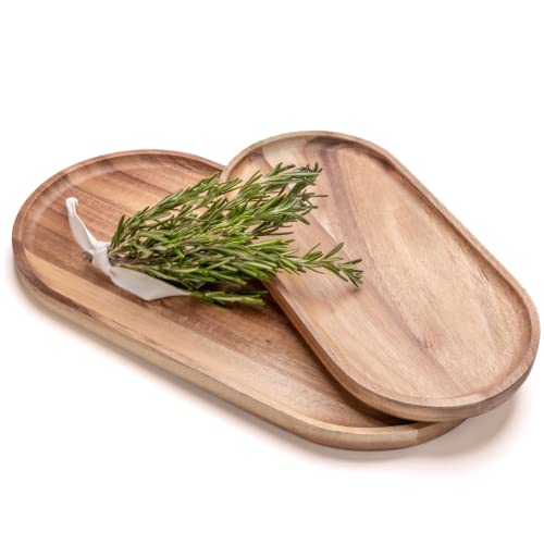 SPEShh Acacia Wooden Serving Trays Set of 2 - Rectangular Oval Shaped Wood Plates for Charcuterie Cheese Bread Fruit Vegetable Dip Sushi Food - Rustic Serving Platter Shallow Dishes - 14x7" & 11x5.5"