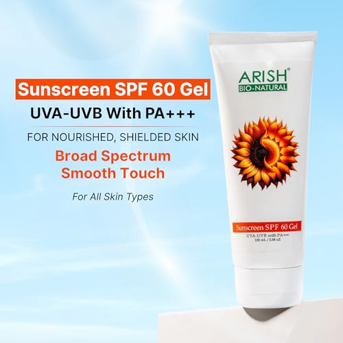 Image of ARISH BIO-NATURAL Sunscreen SPF 60 PA+++ Gel 100ml | Broad-Spectrum, Lightweight NonGreasy Formula with Aloe Vera & Zinc Oxide |High Protection for Face & Body |Sunscreen for Women & Men All Skin Type