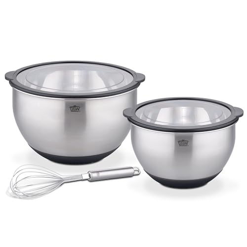 GSW Servierschüsselset Primo, Hochwertige Edelstahl Rühr- & Salatschüsseln mit Schneebesen, luftdichtem Deckel, Küchenschüssel & Servierschale, 20cm/24cm, Silber
