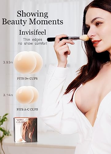 LUNA & MANTHA Nipple Covers for Women, Adhesive Silicone Nipple Pasties, Reusable,Sticky Breast Petals with Travel Box Nude