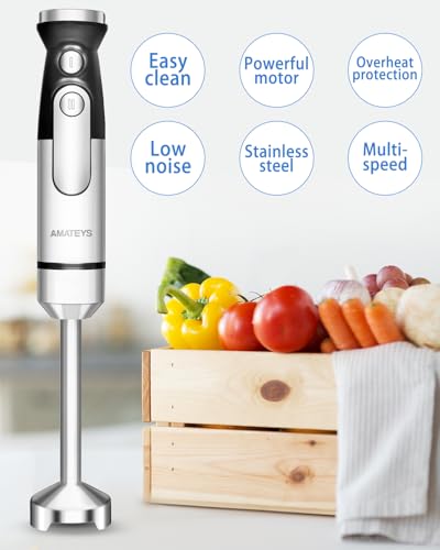 Amateys Hand Blender, 700W Infinitely Adjustable Speeds Multifunctional Electric Mixer Stainless Steel with Detachable Whisk, Milk Frother for Soup Puree - Image 4