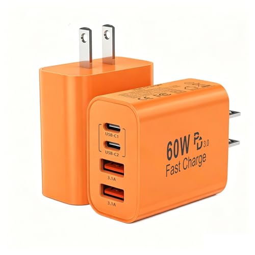 Image of 60W USB C Charger Block,2Pack 4-Port GaN USB C Charger Fast Charging Wall Plug Dual Type C+Dual USB-A Port Multiport Power Adapter Cube for iPhone 17 Pro Max /16 /15 /14 /13 /12 /11,iPad Pro /Air /Mini-Orange