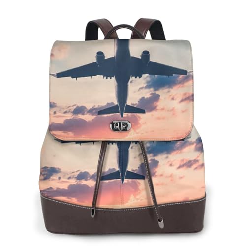 Sac à dos en cuir pour femme motif avion coucher de soleil grand format avec poches zippées