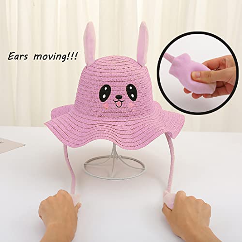 Kids Rabbit Ear Moving Jumping Straw Sun Hat Cute Bunny Fisherman Hat Summer Beach Cap for Girls Boys 4-8Y2