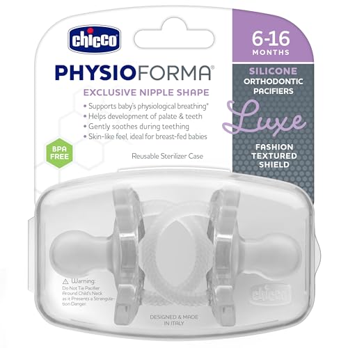 Image of Chicco PhysioForma Luxe Orthodontic Pacifier for Babies 6-16 M,One-Piece 100% Soft Silicone, Supports Breathing, Textured Shield & Handle, Sterilizing Case, BPA Free, Crystal, 2 Count oz.(Pack of 6)