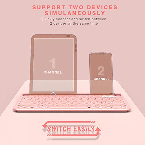 Bluetooth Multi-Device Keyboard, Dual Channel Universal Rechargeable Wireless Keyboard With Integrated Stand For Ipad Smartphone Tablet Macbook Ios Windows Android Devices - Pink #TOP1