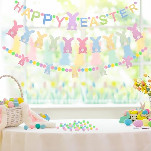 Image of 4 Pcs Easter Day Bunny Felt Banner Colorful Happy Easter Felt Banner Colorful Pink Blue Yellow Pom Pom Ball Garland Bunny Rabbits Pompom Hanging Banner Hanging Garland for Home Party Favors