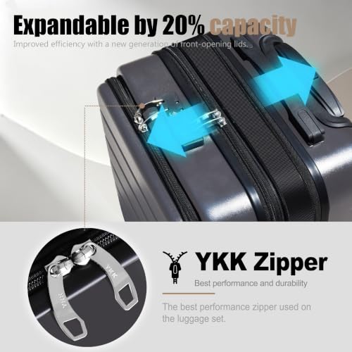 Image of KEYTANG SmileLine 3-Piece Luggage Set Lightweight Hardside Suitcase TSA Lock Spinner Wheels, 20 inch Expandable Carry-On Luggage with Quick Access Front Open Pocket, Bonus Makeup Bag,Gray