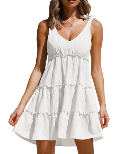 Image of AIMCOO Women's Sleeveless Tie Shoulder Tiered Frill Swing Dress V Neck High Waist Loose Dresses Solid Mini Babydoll Dress