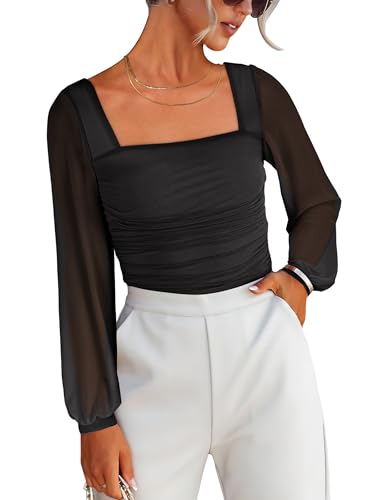 ANRABESS Womens Square Neck Mesh Long Sleeve Tops Double Lined Dressy Business Casual Blouses Shirts 2025 Fall Outfits