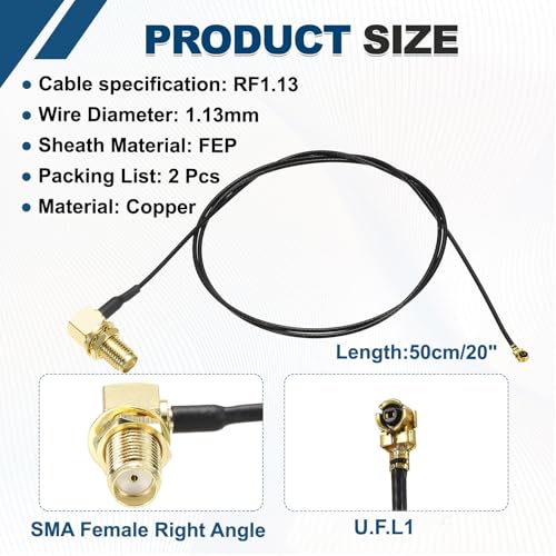 Cable coaxial SMA a UFL de baja pérdida con conector en ángulo recto de 50cm 2