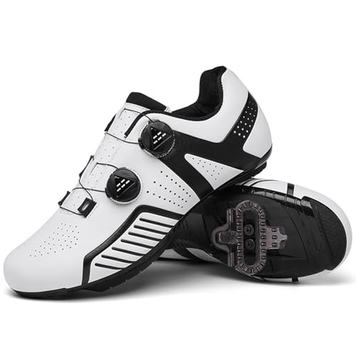 PENXZT Zapatos Bicicleta de Montaña, Zapatilla de Ciclismo Hombre Compatible con SPD Pedales 2 Tornillos con Calas Unisex Adulto Respirables Antideslizantes,Blanca,45 EU