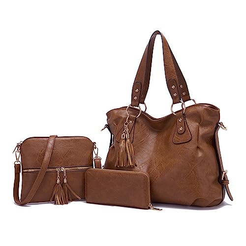 Image of Qiyuer Slouchy Handbag for Women Shoulder Bag Hobo Purse Wallet Set 3pcs | Curved Lines, Dual-use Crossbody /Shoulder, Soft PU Vegan Leather, Divided Compartments, Versatile Roomy for Daily & Work