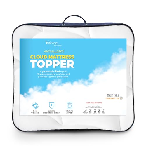 Velosso Quilted Deep Sleep Cloud Feel Comfort Mattress Topper For Bed Caravan Campervan Sofa Beds - Machine Washable Hypoallergenic Bed Topper, White (Double)