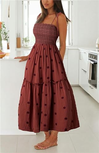 Women Floral Embroidered Maxi Dress Boho Sleeveless Tie Strap Shoulder Dresses Smocked Summer Sundress with Pockets3