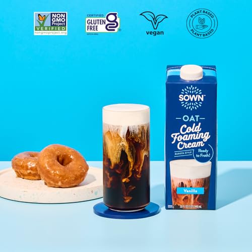 SOWN Oat Cold Foam Creamer, Vanilla - Barista Style Oat Milk Non Dairy Coffee Creamer - Ready to Froth - Plant Based, Dairy-Free, Vegan, Gluten Free, Non-GMO, Shelf Stable - 32oz (Pack of 3)