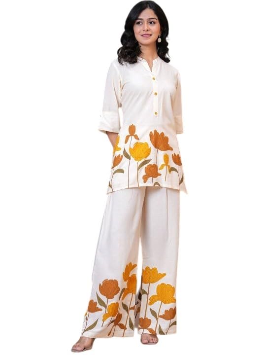 Women's Floral Printed Co-ord Set, Cream and Blue, Wide Leg Palazzo with Tunic Top-image-18