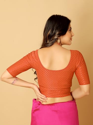 Image of Amazon Brand - Anarva Round Neck Dobby Cotton Lycra Stretchable Elbow Half Sleeve Readymade Saree Blouse for Women Stylish