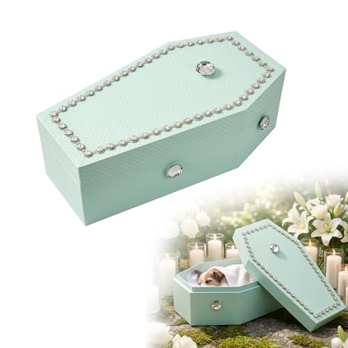 cradle to grave Pet Cat &Dog Casket and Coffin Small Sizes Dignified Burial Box with Rhinestone Secure Solid Durable Funeral Caskets Includes Hair Keepsake Bottle Scissors & Feather Pad Mint Green