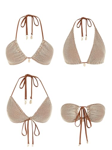 seamoly Women's Bikini Sets Halter Fishnet Shell Decorated Two Piece Swimsuit Sexy Side Tie Thong Bandeau Bathing Suits3