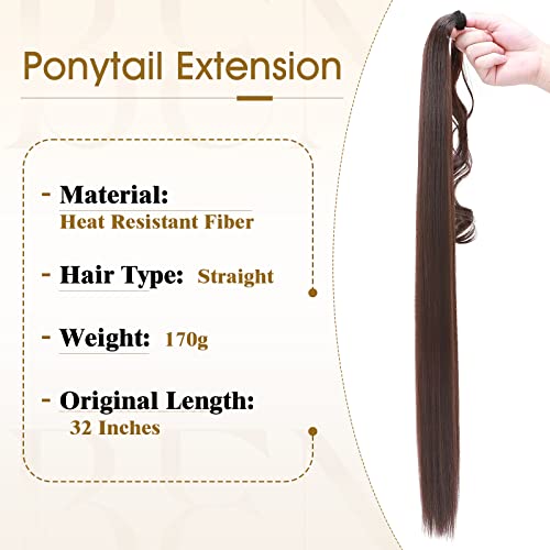 Benehair Ponytail Extension 32 Inches Long Wrap Around Ponytail Hair Extension Straight Synthetic Braid Extensions Clip in Hairpiece for Women Chocolate Brown - Image 4
