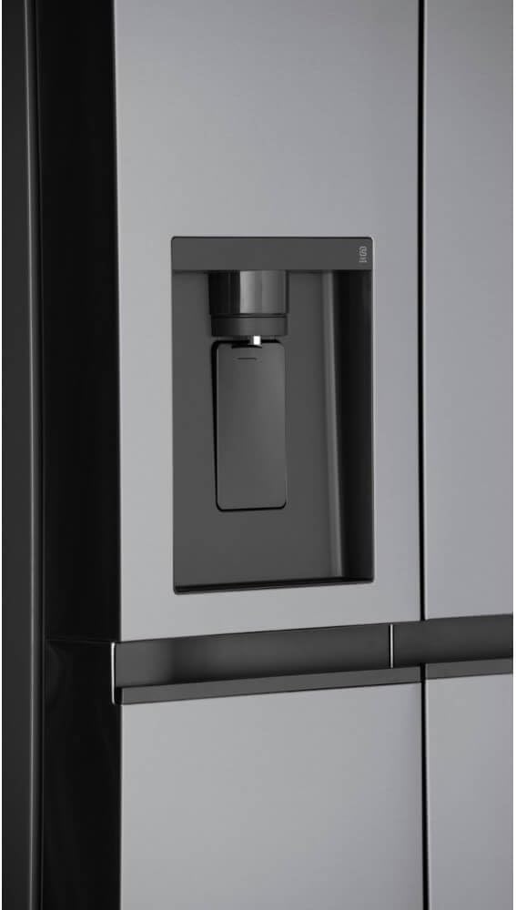 Close-up of the water and ice dispenser on the LG LRSWS2806S refrigerator
