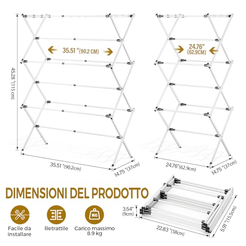 KINGRACK Faltbarer Wäscheständer, Vergrößerter Wäscheständer, Erweiterbarer Wäschetrockner, Platzsparend, Geeignet für Innen/Außeneinsatz, 115 × 37 × 90.2 cm, Weiß